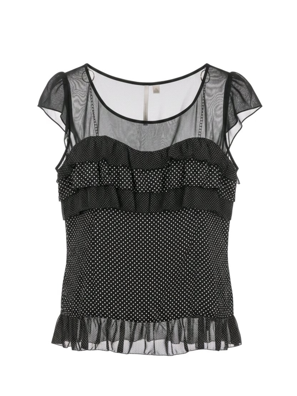 LC Lauren Conrad Black Polka Dot Ruffle Mesh Blouse
